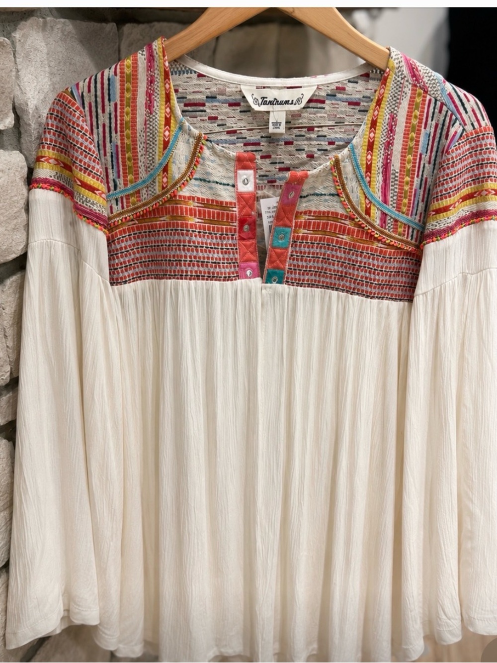 NWT Tantrums Tapestry Boho Jacquard White embroidered Open Blouse  Size Large